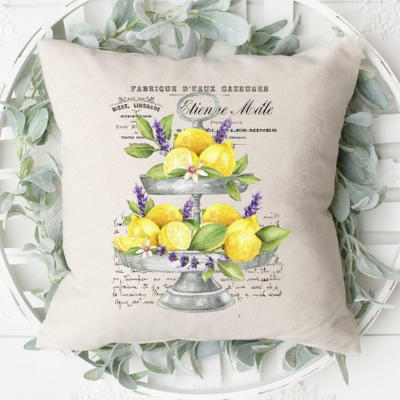 French Country Pillow Cover, Lemons and Lavender - Picture 2 of 3